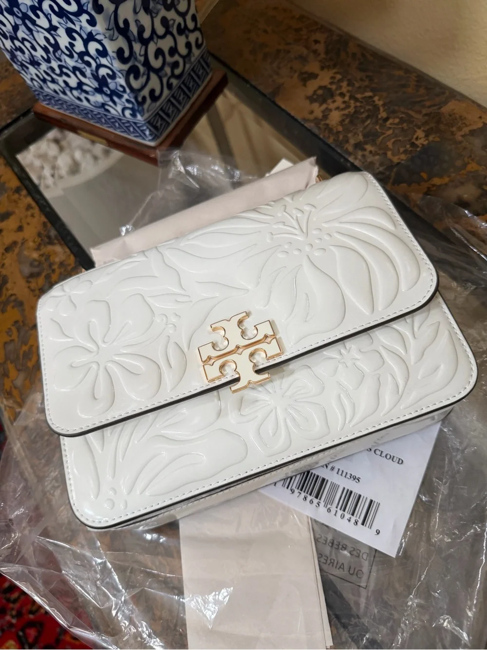 Tory Burch White Floral Embossed Leather Chain Shoulder Bag